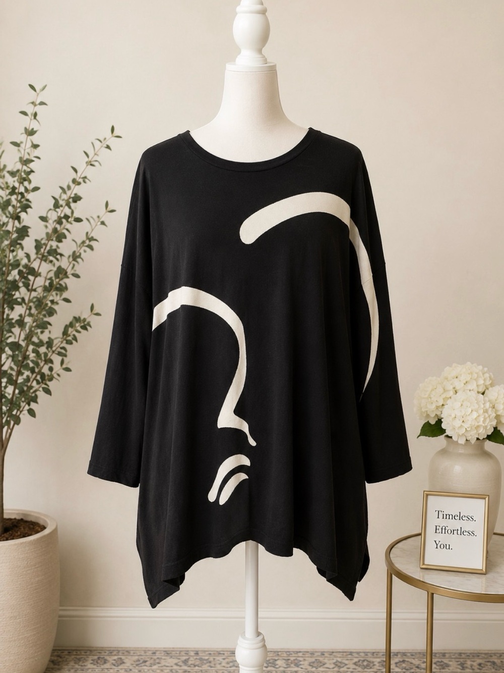 Black Abstract Face Tunic Top - Contemporary Women's Long Sleeve